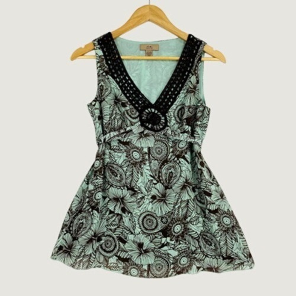 i.e. top women PS aqua blue brown floral silk sleeveless crochet v-neck boho tie